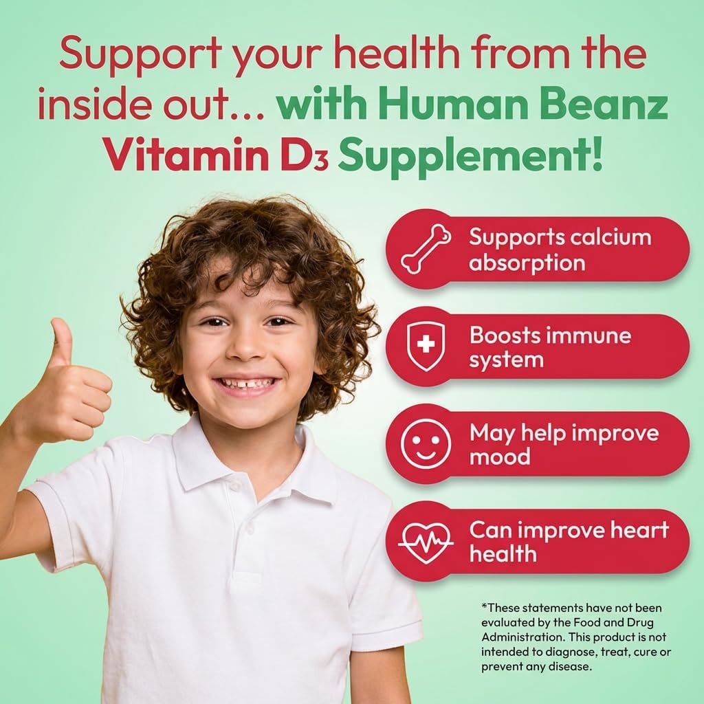 Human Beanz Vitamin D3 Jelly Bean Gummies for Kids, 25mcg (1000 IU), 120 Strawberry Flavour Gummies - görsel 4