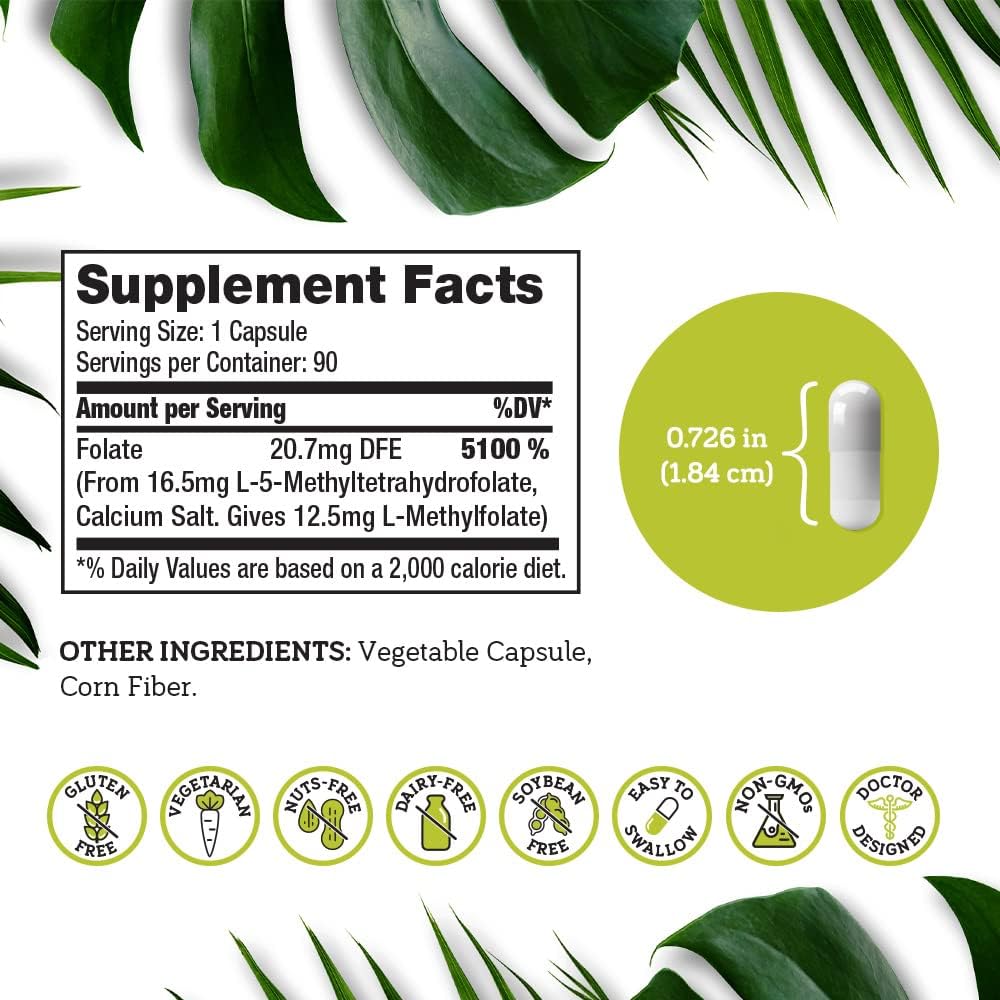 DSO L Methylfolate 12.5mg (5 MTHF Supplement) - 90 Vegan Capsules - Active L Methyl Folate for Homocysteine Control - görsel 6