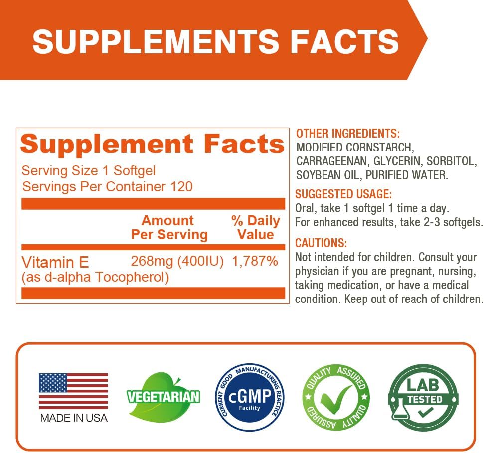 LOVITA Vitamin E 400 IU Vegan Soft gel capsules, Natural Vitamin E 268 mg (as d-alpha Tocopherol), for Healthy Skin, Hair, Nails, Antioxidant & Immune Support, 120 Vegan Soft gel capsules (Pack of 3) - görsel 4