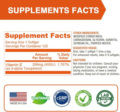 LOVITA Vitamin E 400 IU Vegan Soft gel capsules, Natural Vitamin E 268 mg (as d-alpha Tocopherol), for Healthy Skin, Hair, Nails, Antioxidant & Immune Support, 120 Vegan Soft gel capsules (Pack of 3)