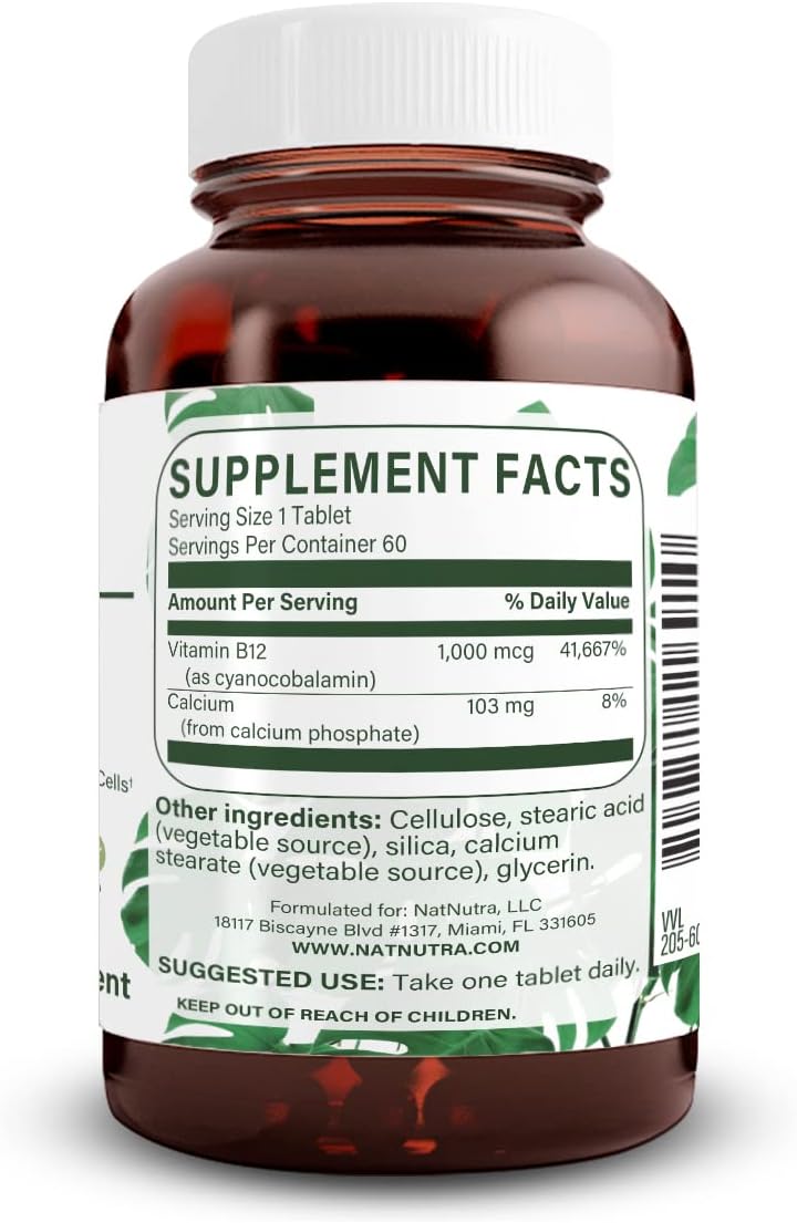 Natural Nutra Vitamin B12 1000 mcg, Cobalamin B12 Supplement, Contributes to Normal Energy Metabolism, Supports Nervous System, Vegan, Gluten Free, Sugar Free, 60 Tablets - görsel 2