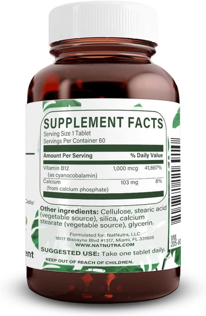 Natural Nutra Vitamin B12 1000 mcg, Cobalamin B12 Supplement, Contributes to Normal Energy Metabolism, Supports Nervous System, Vegan, Gluten Free, Sugar Free, 60 Tablets