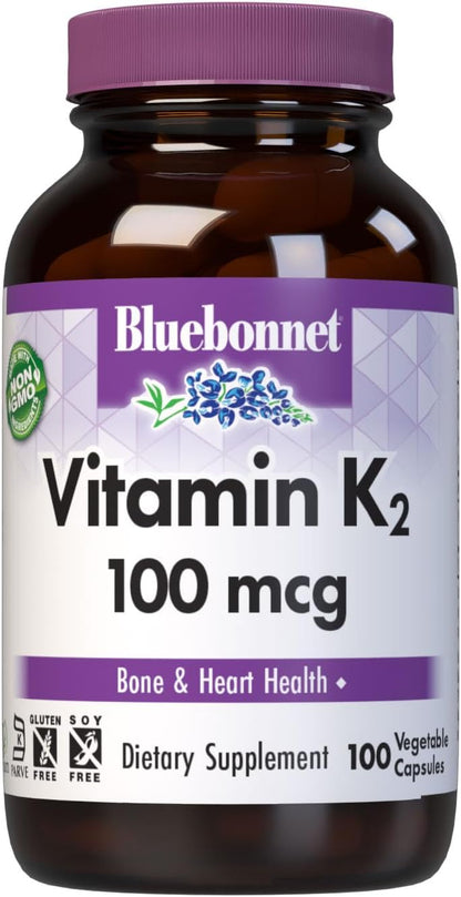 Bluebonnet Nutrition Vitamin K2 Supplement 100 mcg Daily Vit K2 MK7 for Bone and Clotting Support* - Vegan, Non-GMO, Dairy-Free, Gluten-Free - 100 Vegetable Capsules
