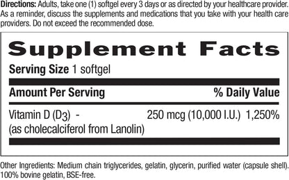 Country Life Vitamin D3 10,000 IU – High Potency Non-Fish Source – Bone and Immune Support – Certified Gluten-Free – 200 Softgels