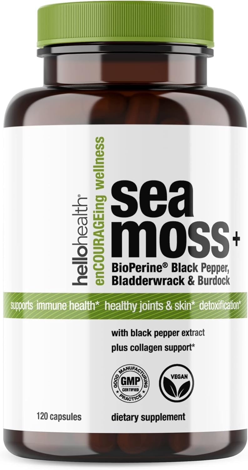 HELLO HEALTH Organic Irish Sea Moss Capsules - Wildcrafted Sea Moss Burdock Root & Bladderwrack with BioPerine - 120 Capsules - görsel 1