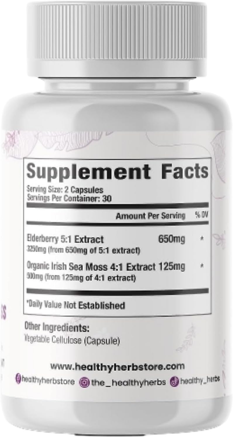 Healthy Herbs Wildcrafted Elderberry Sea Moss Capsules - 2600mg Irish Sea Moss + Elderberry Blend, Vegan, Non-GMO, 60 Capsules - görsel 7