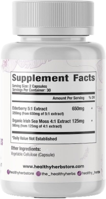 Healthy Herbs Wildcrafted Elderberry Sea Moss Capsules - 2600mg Irish Sea Moss + Elderberry Blend, Vegan, Non-GMO, 60 Capsules