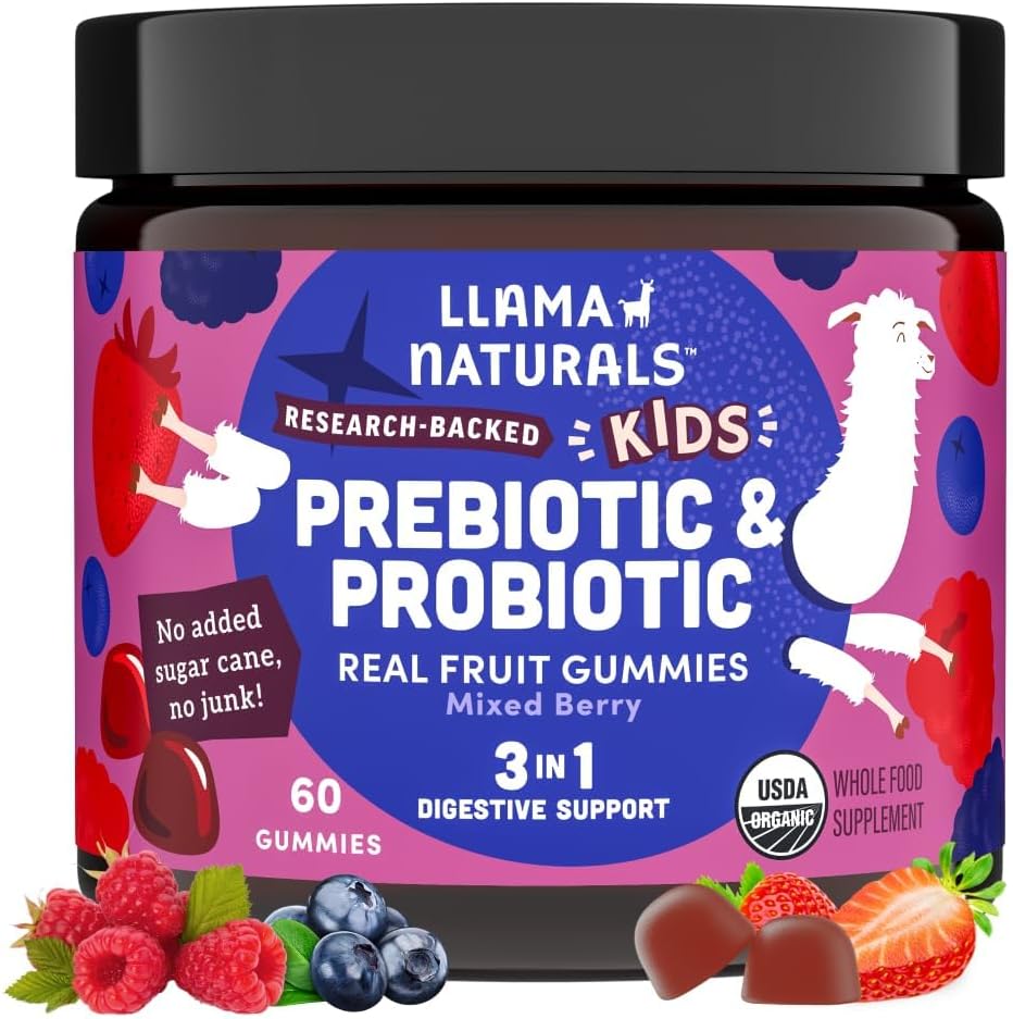 Llama Naturals Kids Probiotic with Prebiotic Fibre, Vegan, Organic Prebiotics and Probiotics Gummies for Gut Health Support, Toddler Real Fruit Gummy Vitamins, No Added Sugar, Mixed Berry, 60 Gummies - görsel 1