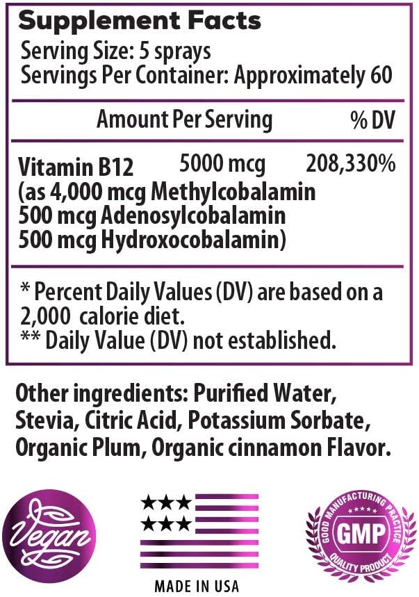Ideal Infusion B-Bomb Triple B12 Liquid Spray - 5000 mcg Methylcobalamin, Adenosylcobalamin, Hydroxocobalamin - Nerve & Energy Support - Sugar Free, Keto Friendly (Organic CinnaPlum) - görsel 2