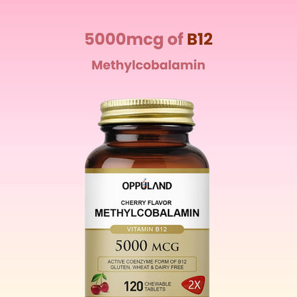 oppuland Methyl B-12 5000mcg Chewable with Folate - Vitamin B12 Methylcobalamin Sublingual Tablets - Supports Energy & Brain Function - Vegan Supplement - Cherry Flavour - 120 Count