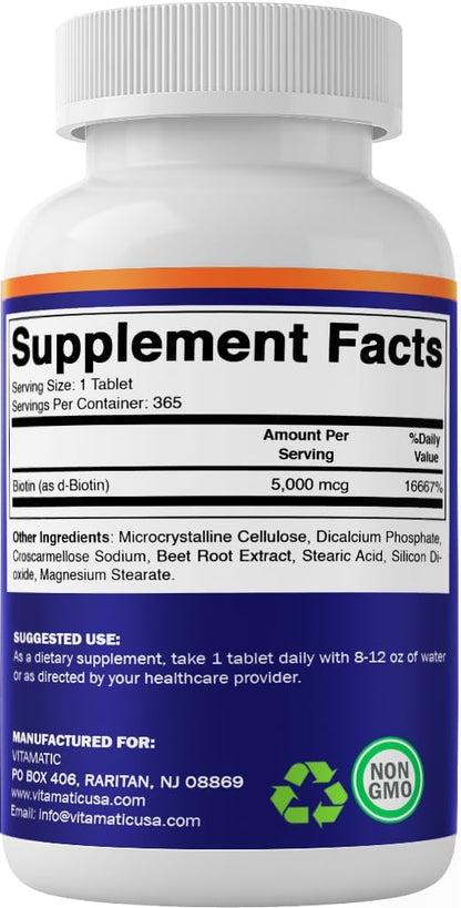 Vitamatic Biotin 5000mcg (5 mg) for Healthier Hair, Skin and Nails – 365 Vegan Tablets