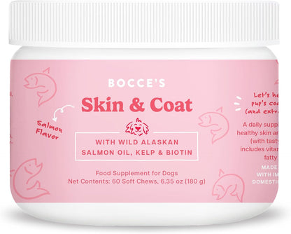 Bocce's Bakery Skin & Coat Supplement for Dogs, Daily Chews Made in the USA with Vitamin E & Essential Fatty Acids, Supports Healthy Skin & Coat, Salmon, 60 ct
