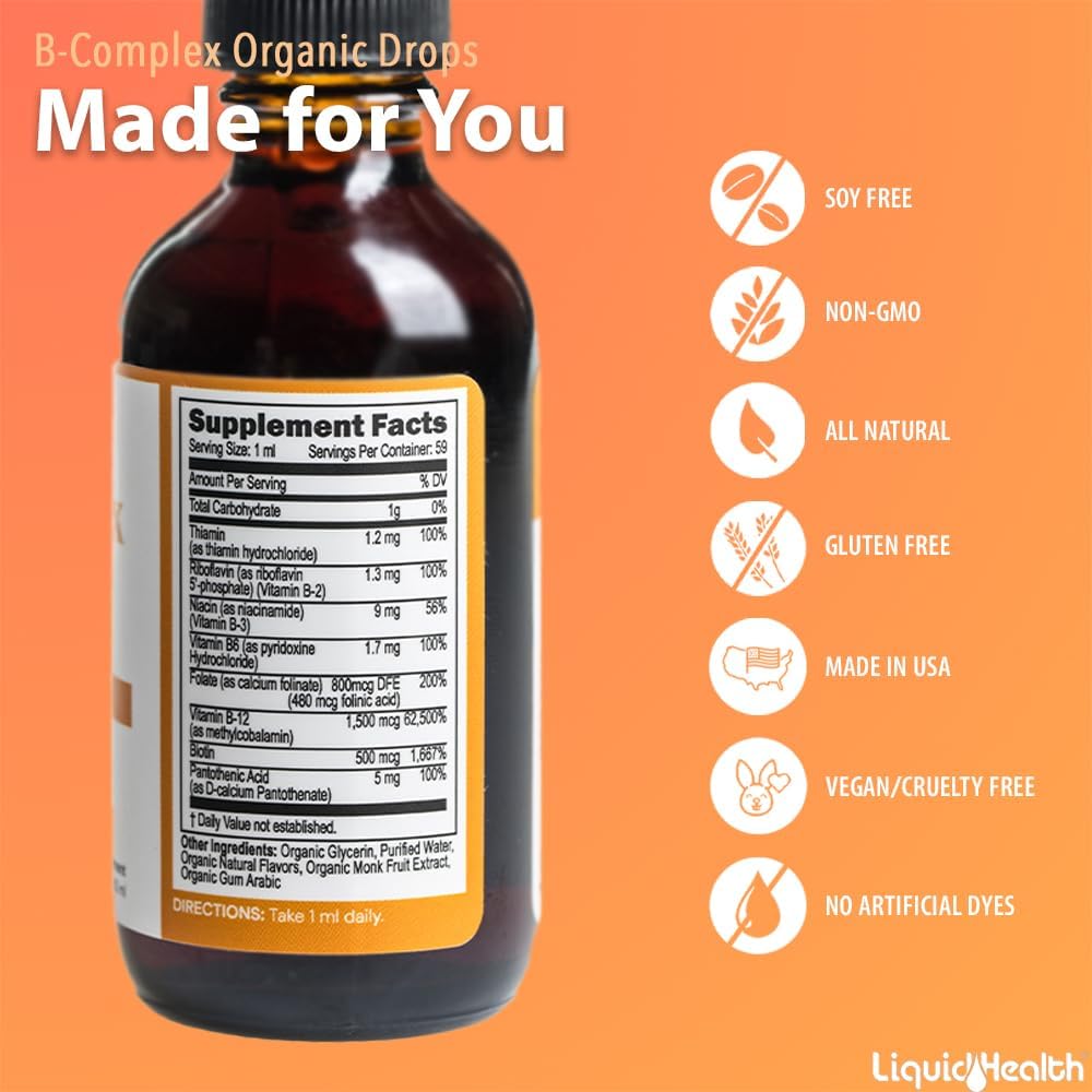 LIQUIDHEALTH USDA Organic Vitamin B Complex Drops – Extra Strength, Sugar Free, Vegan (60 ml) - görsel 5
