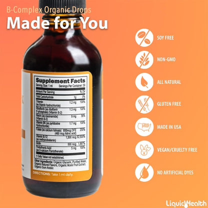 LIQUIDHEALTH USDA Organic Vitamin B Complex Drops for Men and Women - Natural Energy, Improved Focus, Memory and Mood, Immune Support, Metabolism Boost - Made in USA, Extra Strength, No Sugar, Vegan (Pack of 2)