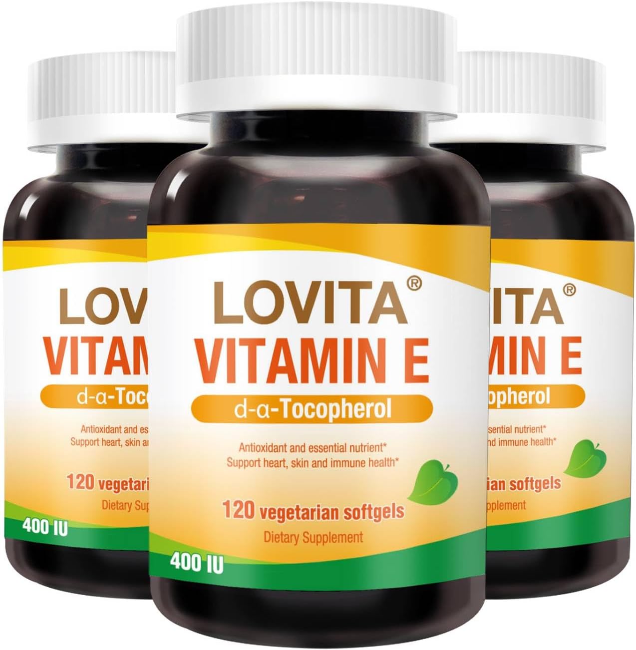 LOVITA Vitamin E 400 IU Vegan Soft gel capsules, Natural Vitamin E 268 mg (as d-alpha Tocopherol), for Healthy Skin, Hair, Nails, Antioxidant & Immune Support, 120 Vegan Soft gel capsules (Pack of 3) - görsel 1