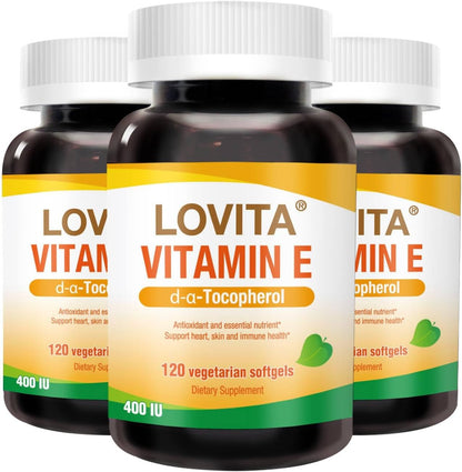 LOVITA Vitamin E 400 IU Vegan Soft gel capsules, Natural Vitamin E 268 mg (as d-alpha Tocopherol), for Healthy Skin, Hair, Nails, Antioxidant & Immune Support, 120 Vegan Soft gel capsules (Pack of 3)