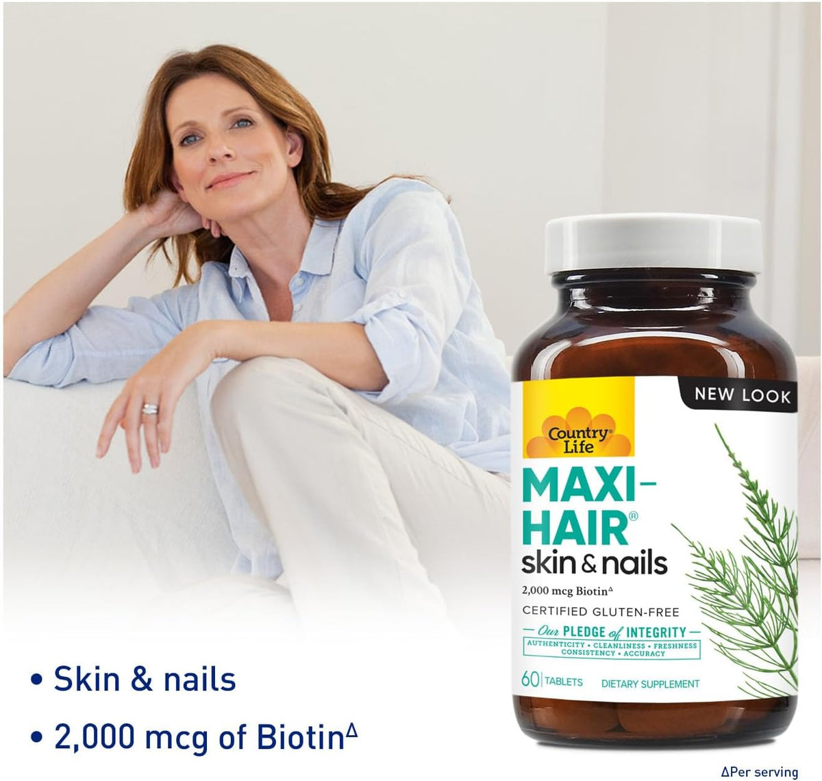 Country Life Maxi-Hair Supplement - 2000mcg Biotin for Hair, Skin and Nails - Certified Gluten-Free and Vegetarian - 60 Tablets - görsel 3