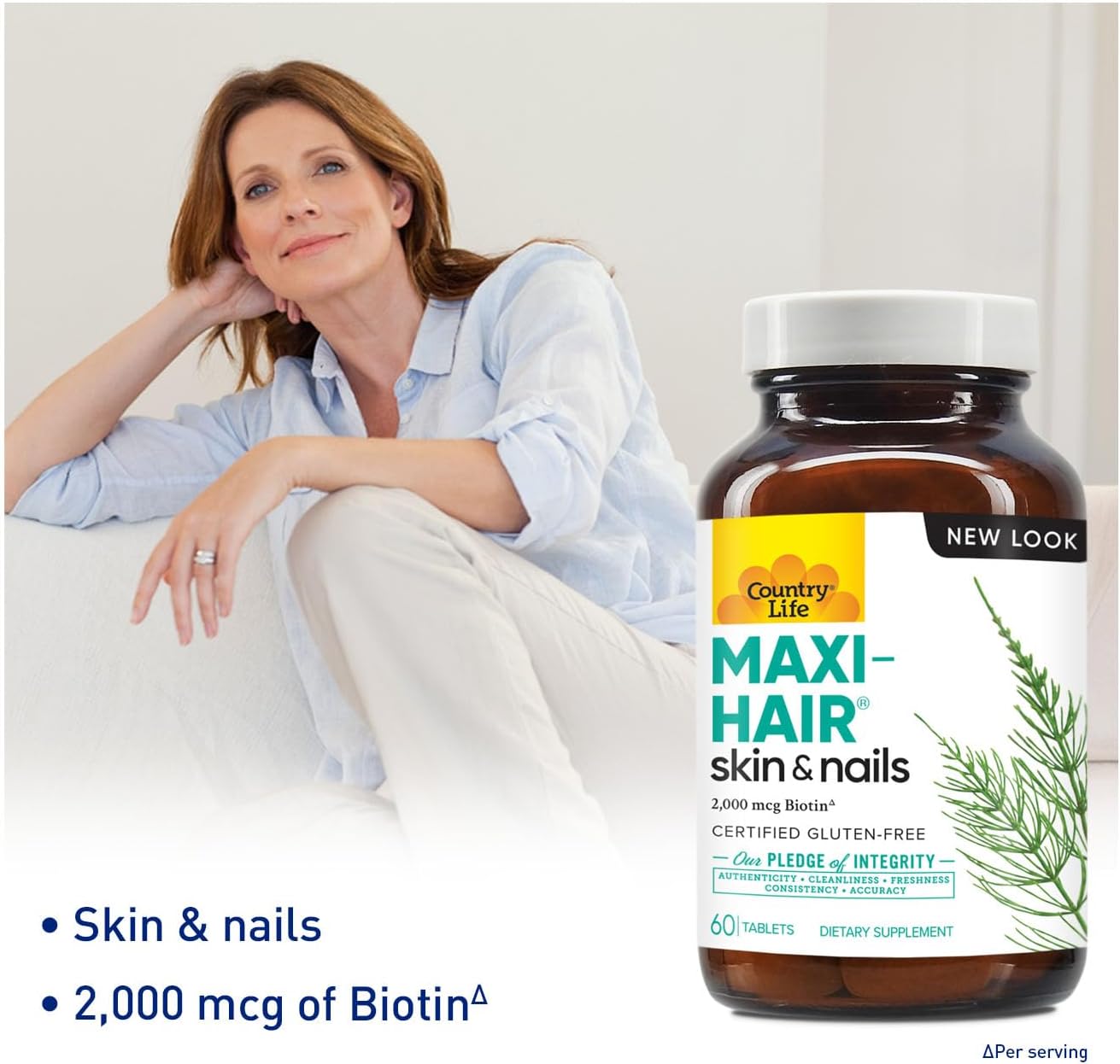 Country Life Maxi-Hair Supplement - 2000mcg Biotin for Hair, Skin and Nails - Certified Gluten-Free and Vegetarian - 60 Tablets - görsel 3