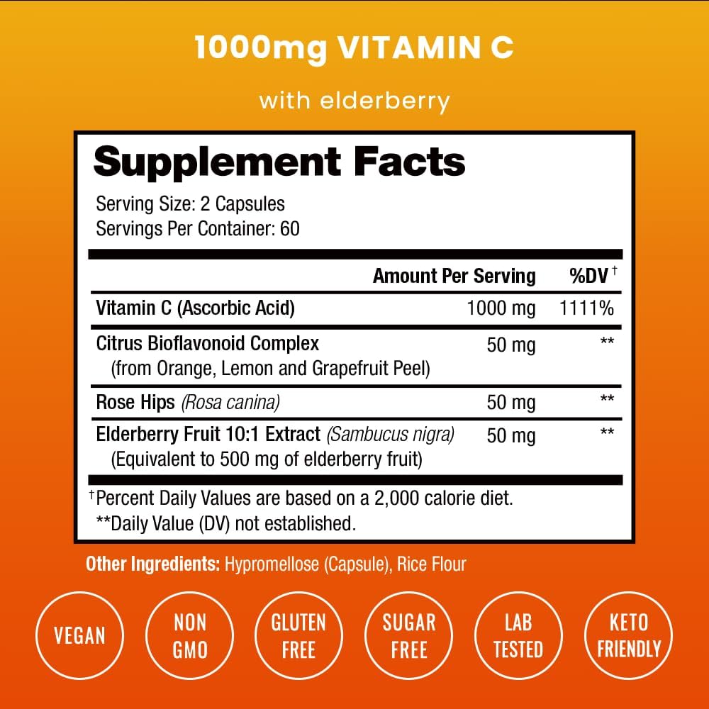 NutraChamps Vitamin C with Rose Hips, Elderberry & Citrus Bioflavonoids – 1000 mg, Vegan Capsules - görsel 2