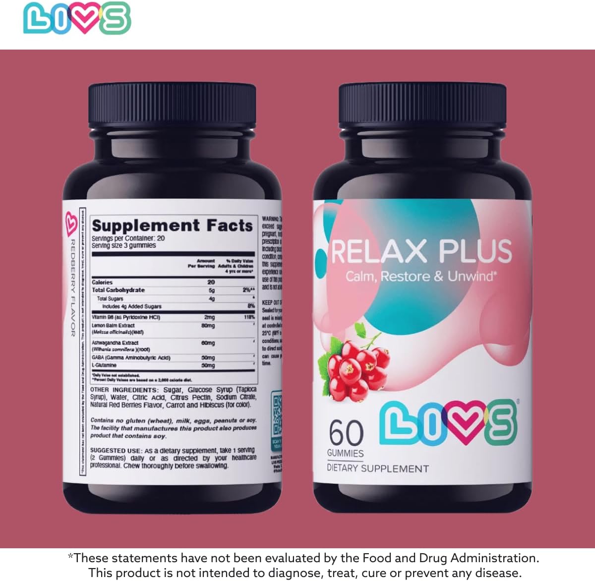 LIVS Relax Plus Gummies – Stress Relief & Calm Support with Ashwagandha, GABA, Lemon Balm & Vitamin B6 | Natural Red Berry Flavour | Vegan | 60 Count - görsel 5