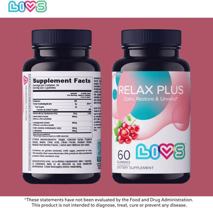LIVS Relax Plus Gummies – Stress Relief & Calm Support with Ashwagandha, GABA, Lemon Balm & Vitamin B6 | Natural Red Berry Flavour | Vegan | 60 Count