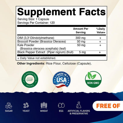 Vitamatic DIM Supplement Complex for Women and Men - 300 mg - 120 Veg Capsules - Made with Black Pepper, Broccoli Powder and Kale Powder - Non-GMO and Gluten-free
