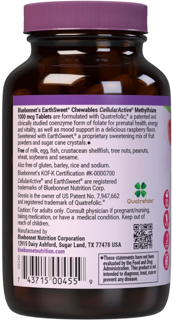 Bluebonnet EarthSweet Methylfolate 1000 mcg Cellular Active Coenzyme 5-MTHF L Methyl Folate Supplement – Prenatal & Energy Support – Non-GMO, Vegan, Gluten-Free – Raspberry – 90 Chewable Tablets - görsel 3