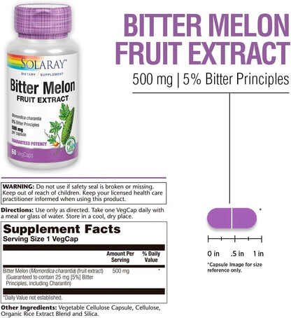 SOLARAY Bitter Melon Fruit Extract 500mg – Standardised to 5% Bitter Principles – 60 Veg Capsules