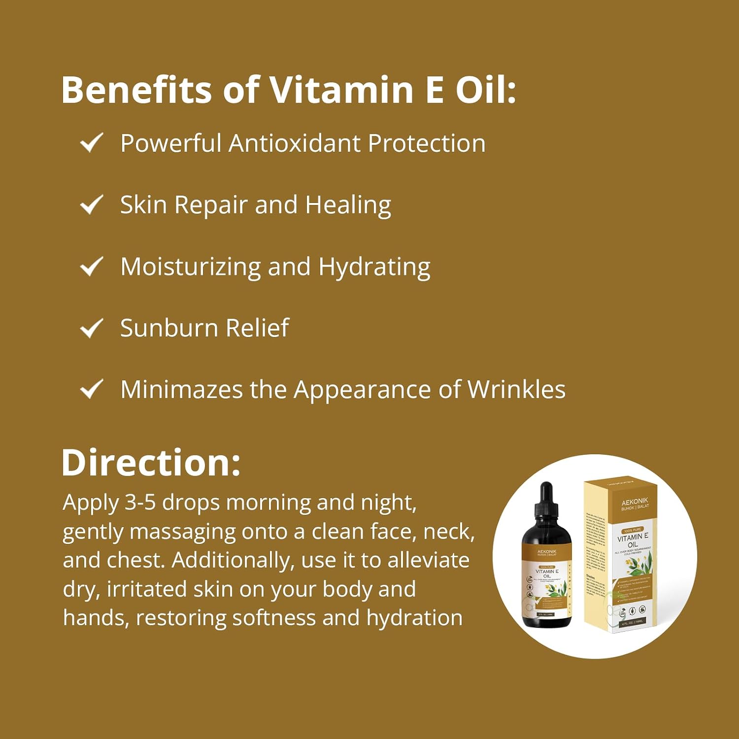 AEKONIK Organic Vitamin E Oil - Pure & Natural for Skin and Hair Care, 118 ml - görsel 3