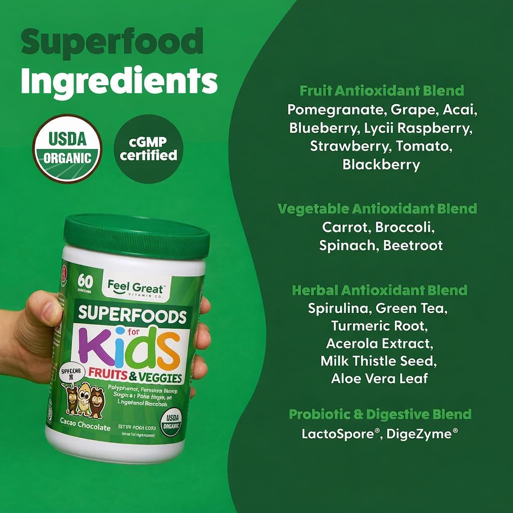 Feel Great USDA Organic Super Greens Powder for Kids – Cocoa Chocolate | Fruit and Vegetable Supplement with Probiotics & Digestive Enzymes - görsel 5