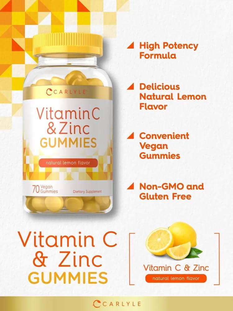 Carlyle Vitamin C and Zinc Gummies | 70 Count | Lemon Flavour | Vegan, Non-GMO, and Gluten-free Supplement - görsel 7