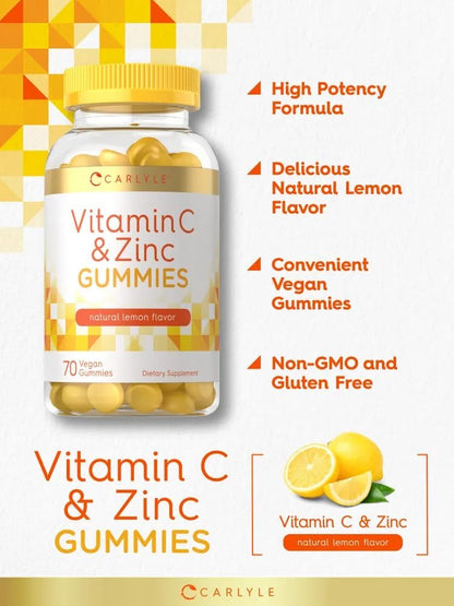 Carlyle Vitamin C and Zinc Gummies | 70 Count | Lemon Flavour | Vegan, Non-GMO, and Gluten-free Supplement
