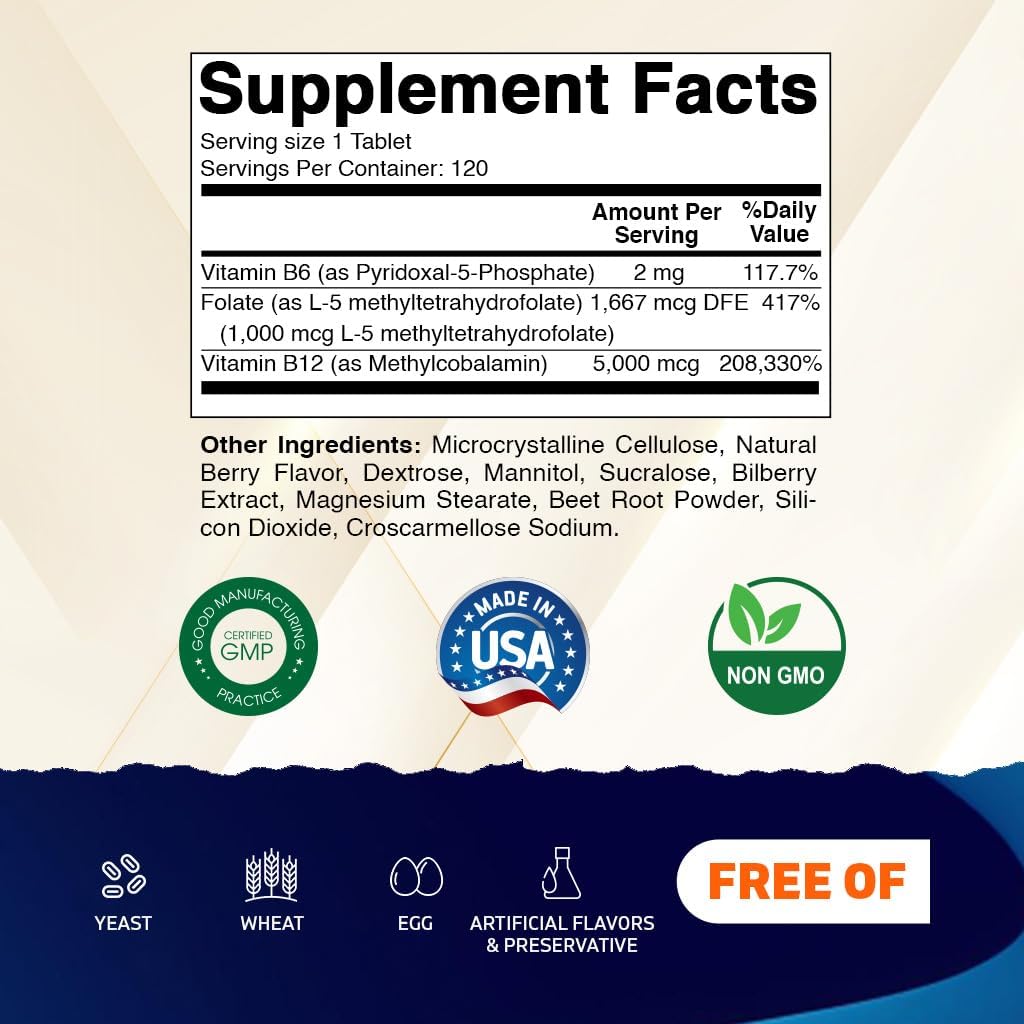 Vitamatic Methyl Folate & B12 Supplement with Pyridoxal 5-Phosphate (P-5-P) - 120 Fast Dissolve Tablets - görsel 2