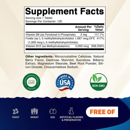 Vitamatic Methyl Folate & B12 Supplement with Pyridoxal 5-Phosphate (P-5-P) - 120 Fast Dissolve Tablets