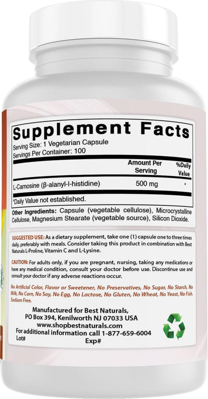 Best Naturals L-Carnosine 500 mg, 100 Vegetarian Capsules