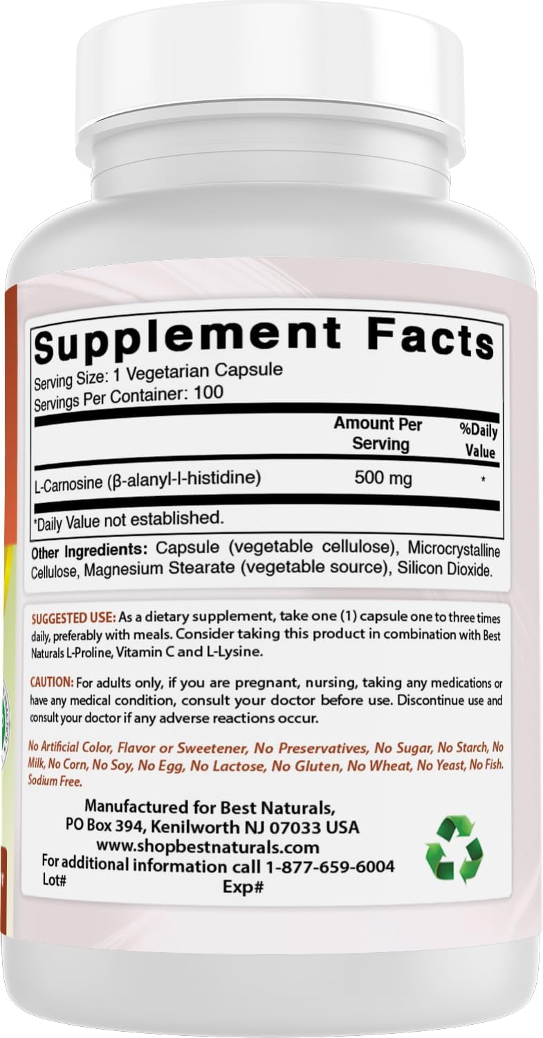Best Naturals L-Carnosine 500 mg, 100 Vegetarian Capsules (Pack of 3) - görsel 6