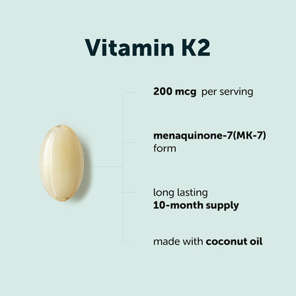 Micro Ingredients Vitamin K2 MK-7 200 mcg, 300 Soft gel capsules with Coconut Oil