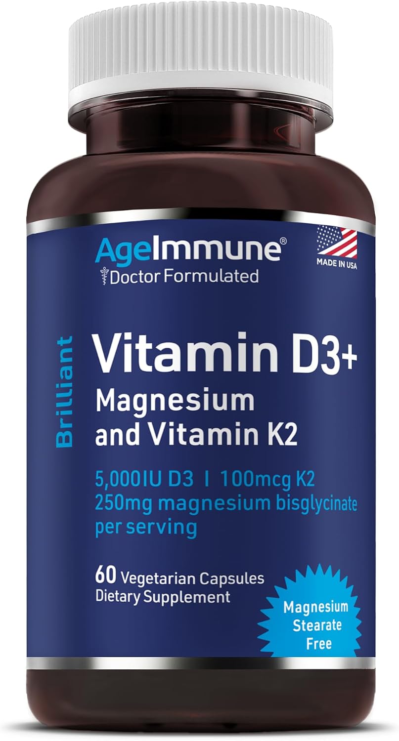 AgeImmune Brilliant D3+ Complex: 5000 IU Vitamin D3, K2 & Magnesium Glycinate - 60 Capsules - görsel 1