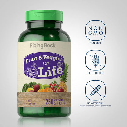 Piping Rock Fruit and Veg Supplement - 250 Capsules - Superfood Blend with Phytonutrients - Vegetarian, Non-GMO, Gluten-free