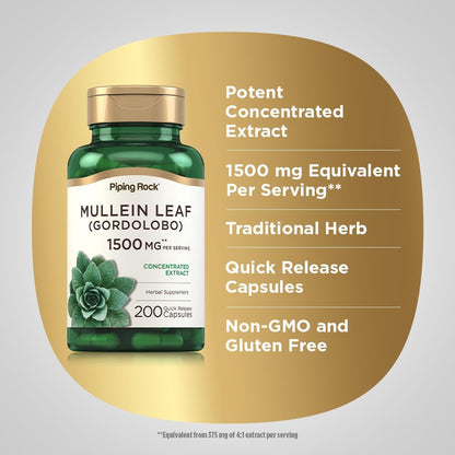 Piping Rock Mullein Leaf Extract | 200 Capsules | Gordolobo Herb Supplement | Non-GMO, Gluten-free