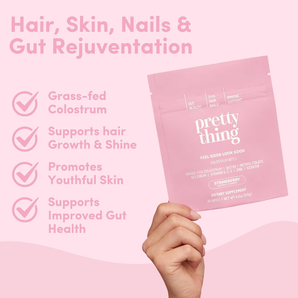 Pretty Thing Colostrum Bites for Women – 1g Bovine Colostrum Bites with Biotin, Folate, Zinc, Vitamins A, C, E – Beauty and Wellness Supplement for Hair, Skin, Gut, and Immune Health – 30 Pack - görsel 2