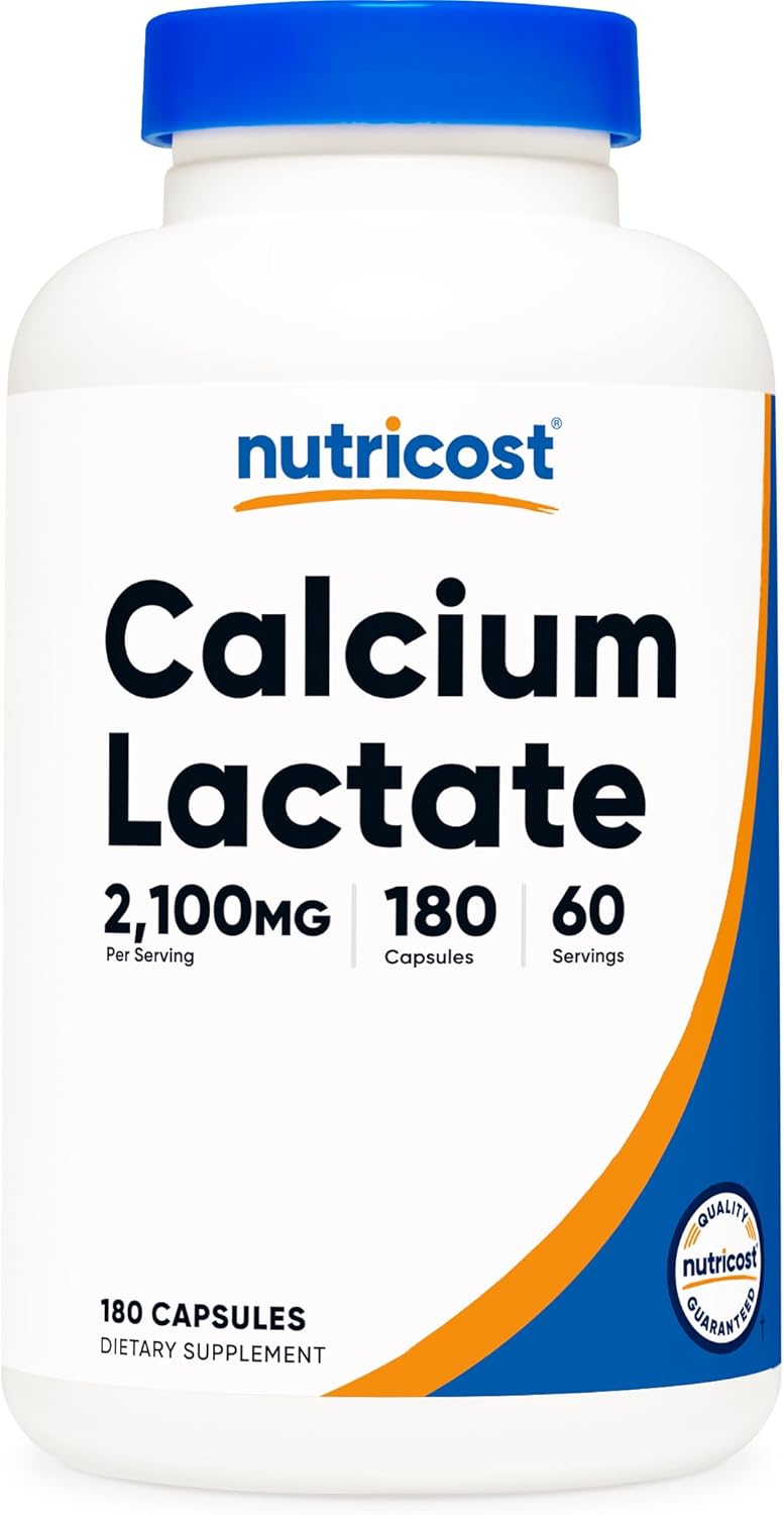 Nutricost Calcium Lactate 2,100mg; 180 Capsules – Vegan, Non-GMO and Gluten-free, 60 Servings – Image 1