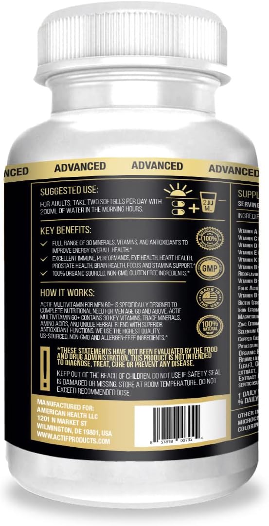 Actif Multivitamin for Men Age 60+ with 30 Organic Vitamins and Organic Herbs, Non-GMO, Made in USA, 120 Capsules - görsel 2