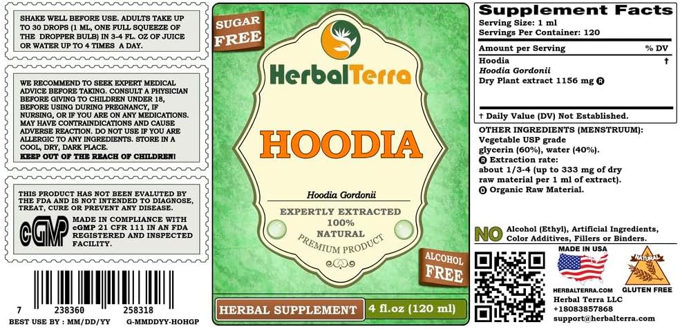 Hoodia (Hoodia gordonii) Glycerite, Dried Plant Alcohol-Free Liquid Extract (Brand Name: HerbalTerra) 120 ml - görsel 2