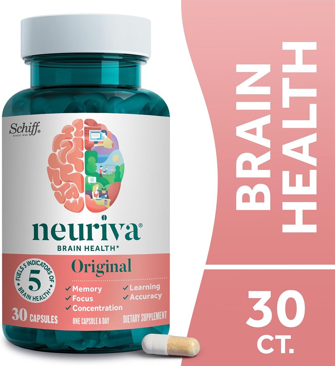 NEURIVA Original Brain Supplement – Memory, Focus & Concentration – with Phosphatidylserine & Neurofactor – Caffeine-Free – 60 Capsules (2-Pack) - görsel 3