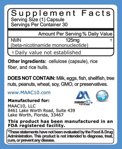 MAAC10 NMN Food Supplement – Nicotinamide Mononucleotide 125mg Capsules (30 Capsules)