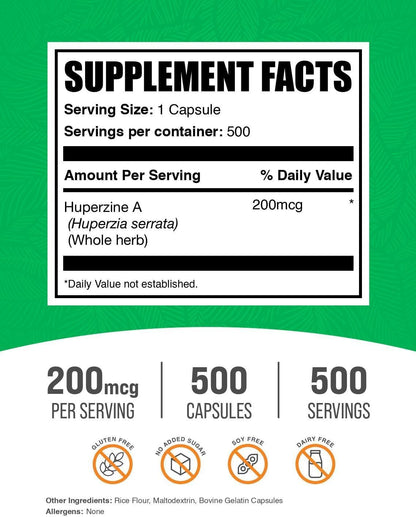 BulkSupplements.com Huperzine A 200 mcg Capsules – Nootropic Supplement, Gluten-free, 500 Capsules