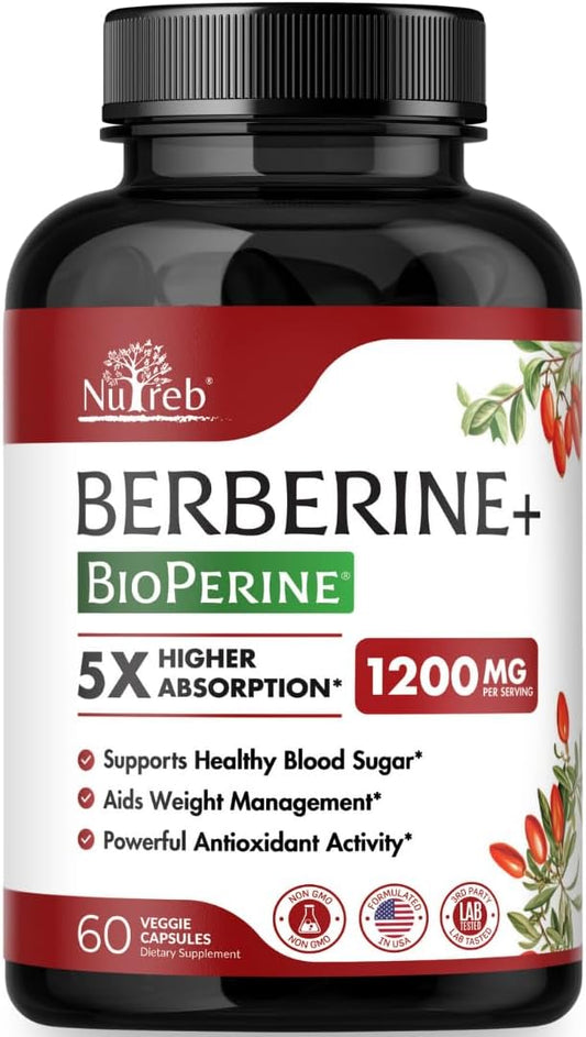 Nutreb Berberine Supplement 1200mg – 5x Superior Absorption – 60 Vegan Capsules