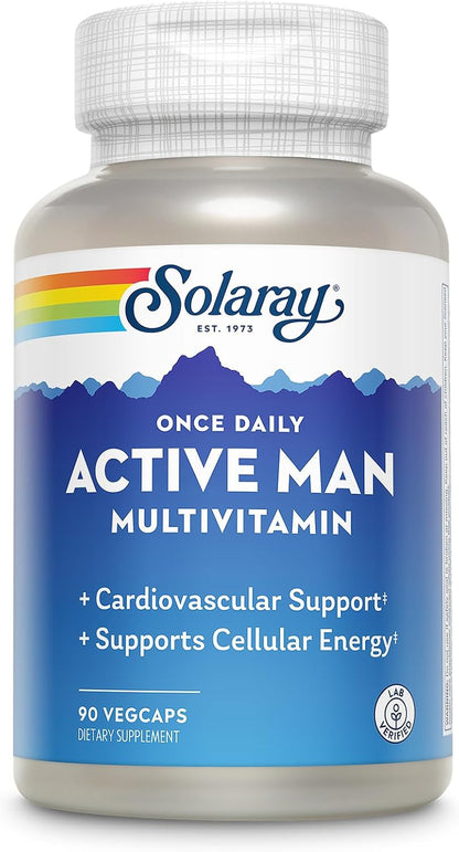 SOLARAY Once Daily Active Man Multivitamin - Cellular Energy and Immune Support Food Supplement with Vitamin D, C, B12, Zinc, Lutein, Digestive Enzymes, 90 VegCaps