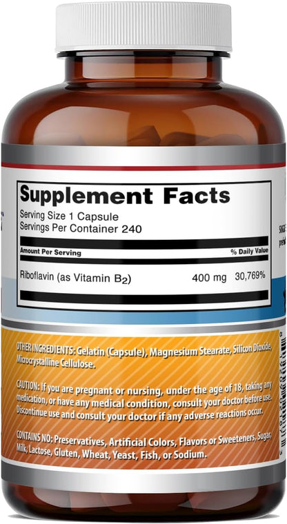 Amazing Formulae Riboflavin 400 mg Capsules | Vitamin B2 Supplement | Non-GMO | Gluten-free | Made in the USA (240 Count)